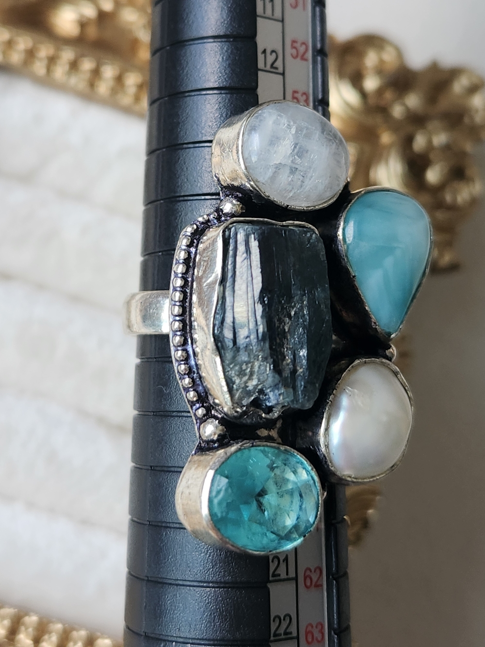 Vtg 925 Sterling Silver Multi Gemstone Cluster Ring Moonstone Larimar Kyanite 8 - Picture 6 of 7